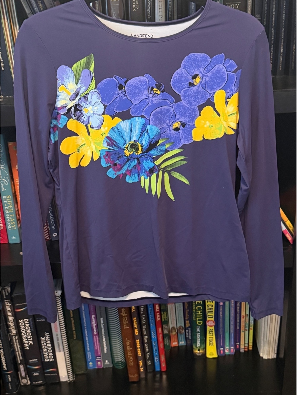 Lands' End Women's Medium Purple Long Sleeve Floral Print Shirt